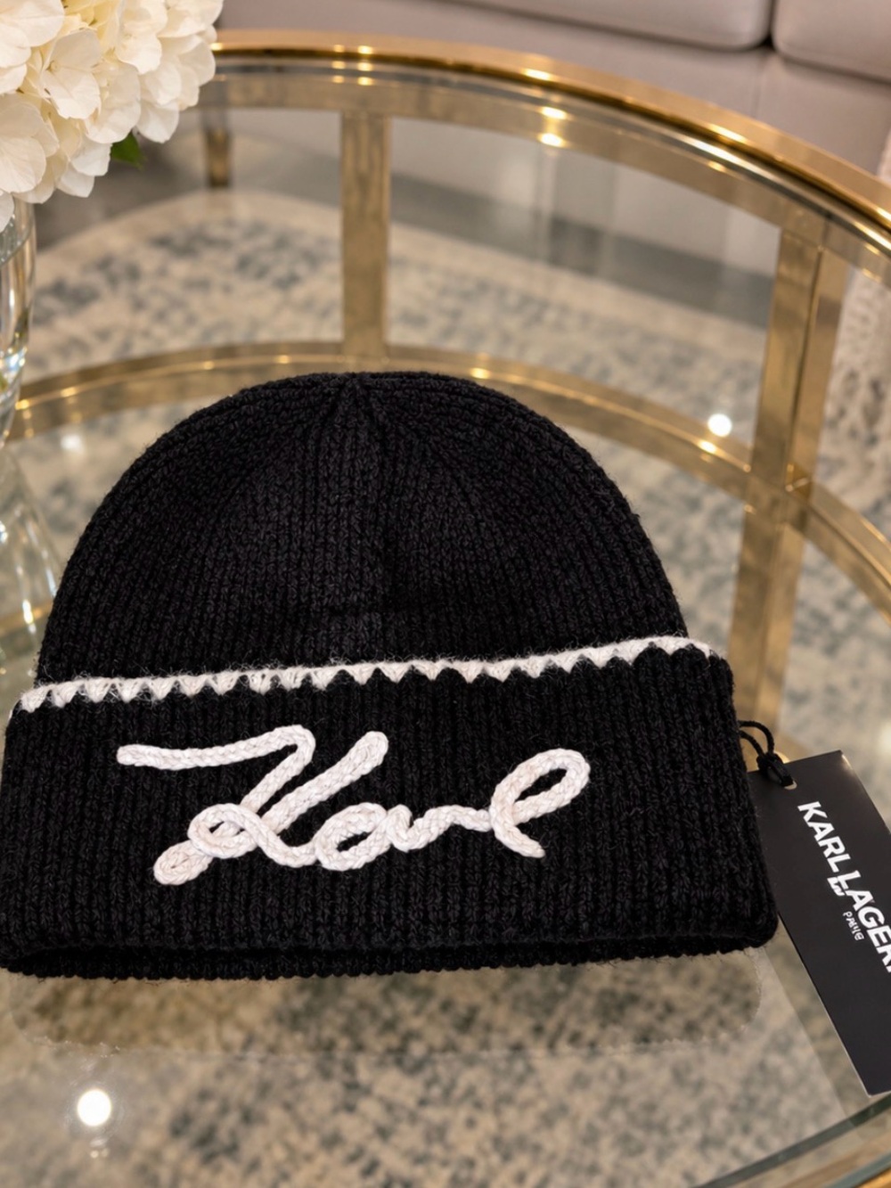 Karl Lagerfeld Black Beanie with White embroidered Karl Script Trim